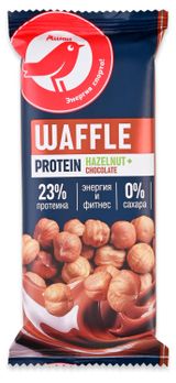 Изображение товара Батончик вафельный АШАН Красная птица с белковой начинкой с какао и фундуком в молочной глазури без сахара, 50 г
