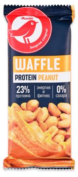 Изображение товара Батончик вафельный АШАН Красная птица с белковой начинкой с жареным арахисом в молочной глазури без сахара, 50 г