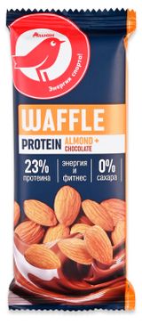 Изображение товара Батончик вафельный АШАН Красная птица с белковой начинкой с какао и миндалем в молочной глазури без сахара, 50 г