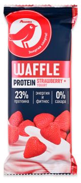 Изображение товара Батончик вафельный АШАН Красная птица с белковой начинкой вкус клубника-йогурт в глазури без сахара, 50 г