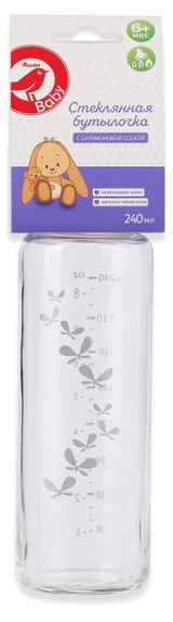 Изображение товара Бутылочка детская АШАН Красная птица стеклянная с силиконовой соской 6 мес., 240 мл
