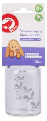 Изображение товара Бутылочка АШАН Красная птица стеклянная с силиконовой соской 0+, 110 мл