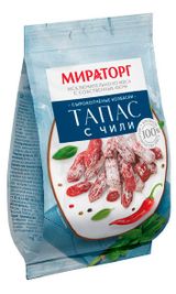 Изображение товара Мясные снеки Колбаски сырокопченые острые «Мираторг» Тапас из свинины и курицы с перцем чили, 50 г