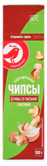 Изображение товара Чипсы картофельные АШАН Красная птица в пластинах со вкусом сметаны и грибов, 100 г