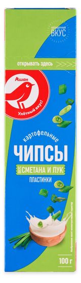 Изображение товара Чипсы картофельные АШАН Красная птица в пластинах со вкусом сметаны и лука, 100 г