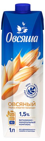 Изображение товара Напиток растительный на овсяной основе «Овсяша» Vegan Овсяный 1,5%, 1 л