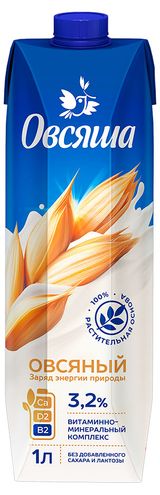 Изображение товара Напиток растительный на овсяной основе «Овсяша» Vegan Овсяное молоко 3,2%, 1 л
