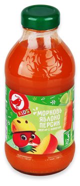 Изображение товара Нектар АШАН Красная птица Kids морковь яблоко персик с мякотью, 330 мл