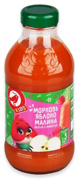 Изображение товара Нектар АШАН Красная птица Kids морковь яблоко малина с мякотью, 330 мл