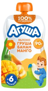 Изображение товара Пюре фруктовое «Агуша» яблоко-груша-банан-манго с 6  мес., 90 г
