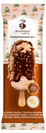 Изображение товара Мороженое пломбир «Айсберри» Континентальный орех с протертым фундуком и кешью в глазури 12% БЗМЖ, 80 г