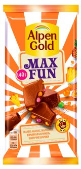 Изображение товара Шоколад молочный Alpen Gold Maxfun c фруктовыми кусочками и взрывной карамелью, 140 г