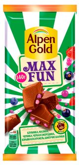 Изображение товара Шоколад молочный Alpen Gold Maxfun c фруктово-ягодными кусочками и взрывной карамелью, 140 г