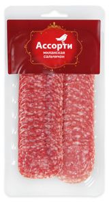 Изображение товара Набор Колбаса АШАН Золотая птица Ассорти из сырокопченых колбас Миланская и Сальчичон нарезка, 100 г