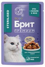 Изображение товара Влажный корм для стерилизованных кошек «Брит» Премиум с уткой и яблоками кусочки в желе, 85 г