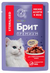 Изображение товара Влажный корм для стерилизованных кошек «Брит» Премиум с мясным ассорти кусочки в желе, 85 г