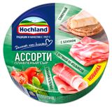 Изображение товара Сыр плавленый ассорти сливочный с беконом с ветчиной по-итальянски с томатами и зеленью Hochland треугольники 50% БЗМЖ, 140 г