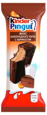 Изображение товара Пирожное бисквитное Kinder Pingui с молочной начинкой покрытое шоколадной глазурью со вкусом шоколадного торта с абрикосом Италия охлажденное, 30 г