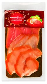 Изображение товара Ассорти рыбное холодного копчения АШАН Золотая птица тунец желтоперый марлин кета филе-ломтики, 150 г