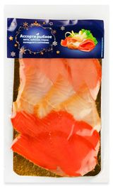 Изображение товара Ассорти рыбное холодного копчения АШАН Золотая птица кета зубатка пестрая нерка филе-ломтики, 150 г