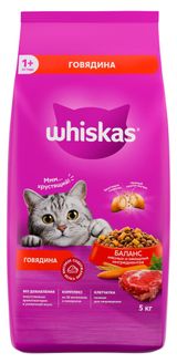 Изображение товара Сухой корм для кошек Whiskas Вкусные подушечки с нежным паштетом, с говядиной, 5 кг