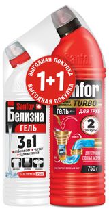 Изображение товара Набор чистящих средств Sanfor, Средство для очистки канализационных труб Turbo, 750 г + Белизна гель, 500 г