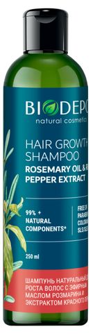 Изображение товара Шампунь натуральный для роста волос Biodepo с эфирными маслами розмарина и экстрактом красного перца, 250 мл