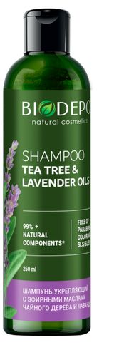 Изображение товара Шампунь бессульфатный натуральный укрепляющий Biodepo с маслами чайного дерева и лаванды, 250 мл