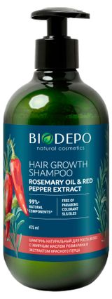 Изображение товара Шампунь натуральный для роста волос Biodepo с эфирными маслами розмарина и экстрактом красного перца, 475 мл