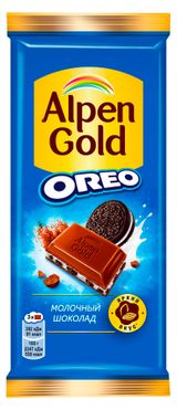 Изображение товара Шоколад молочный Alpen Gold Oreo с начинкой со вкусом ванили и кусочками печенья Орео, 85 г