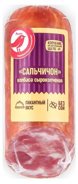 Изображение товара Колбаса сырокопченая АШАН Красная птица Сальчичон без сои на натуральной щепе, 300 г