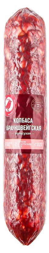 Изображение товара Колбаса сырокопченая АШАН Красная птица Брауншвейгская полусухая на щепе ГОСТ, ~ 500 г