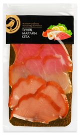 Изображение товара Ассорти рыбное холодного копчения АШАН Золотая птица тунец желтоперый марлин кета филе-ломтики, 150 г