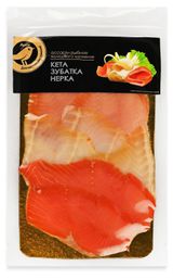 Изображение товара Ассорти рыбное холодного копчения АШАН Золотая птица кета зубатка пестрая нерка филе-ломтики, 150 г