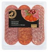 Изображение товара Набор Колбаса сырокопченая АШАН Золотая птица Premium Ассорти Мускатная Пепперони Сальчичон с перцем нарезка, 100 г