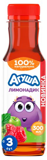 Изображение товара Лимонадик негазированный «Агуша» для детей с соком фруктов и ягод натуральный без сахара с 3 лет, 300 мл