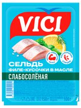 Изображение товара Сельдь VICI слабосоленая в масле филе-кусочки, 150 г