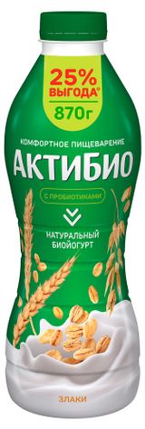 Изображение товара Йогурт питьевой «АктиБио» со злаками 1,6% БЗМЖ 870 г
