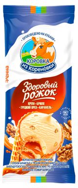 Изображение товара Мороженое пломбир «Коровка из Кореновки» Здоровый рожок крем-брюле с соленой карамелью и грецким орехом в вафельном рожке 15% БЗМЖ, 100 г