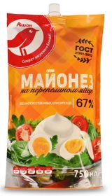 Изображение товара Майонез на перепелином яйце АШАН Красная птица 67% ГОСТ охлажденный, 750 мл