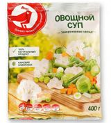 Изображение товара Овощная суповая смесь Овощной суп АШАН Красная птица морковь капуста цветная и брюссельская зеленый горошек фасоль стручковая лук замороженная, 400 г