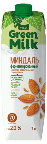 Изображение товара Напиток растительный ферментированный Green Milk Vegan Миндаль на ячменно-нутовой основе без муки и сахара 2%, 1 л