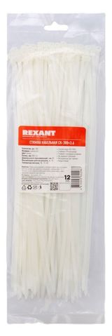 Изображение товара Стяжка кабельная Rexant нейлоновая белая 300х3,6 мм, 100 шт