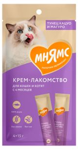 Изображение товара Крем-лакомство для кошек «Мнямс» с тунцом Кацуо и Магуро, 4x15 г