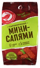 Изображение товара Мясные снеки Колбаски сырокопченые АШАН Красная птица Мини-салями оригинальные, 50 г
