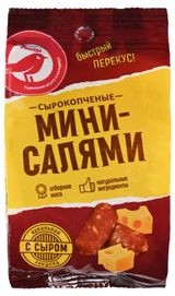 Изображение товара Мясные снеки Колбаски сырокопченые АШАН Красная птица Мини-салями с сыром, 60 г