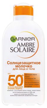 Изображение товара Молочко для лица и тела солнцезащитное Garnier Ambre Solaire водостойкое нежирное с карите Spf 50+, 200 мл