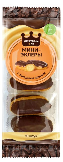 Пирожные заварные «Штрудель&КО» Эклеры Бельгийские мини со сливочным кремом 10 шт, 150 г — цена в Ашан