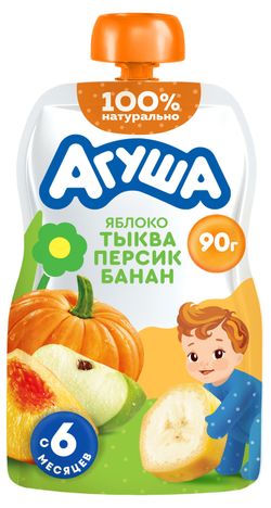 Пюре фруктово-овощное «Агуша» яблоко-тыква-персик-банан с 6 мес., 90 г