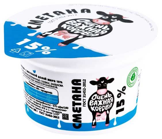 Сметана Очень важная корова 15% ЗМЖ, 180 г
